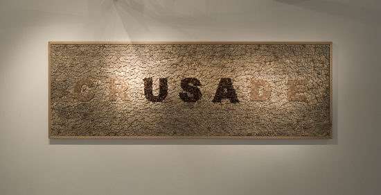 Willem Boshoff Crusade (2011) Panel with wood, sand, glass and pigment; 50.5 x 98.5 inches Installation view at Goodman Gallery, Johannesburg Photo: John Hodgkiss, courtesy of the artist and Goodman Gallery.